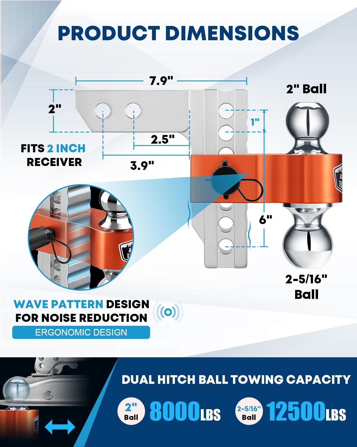 Kohree close-up of dual ball head showing 2 5/16" and 2" options benefit