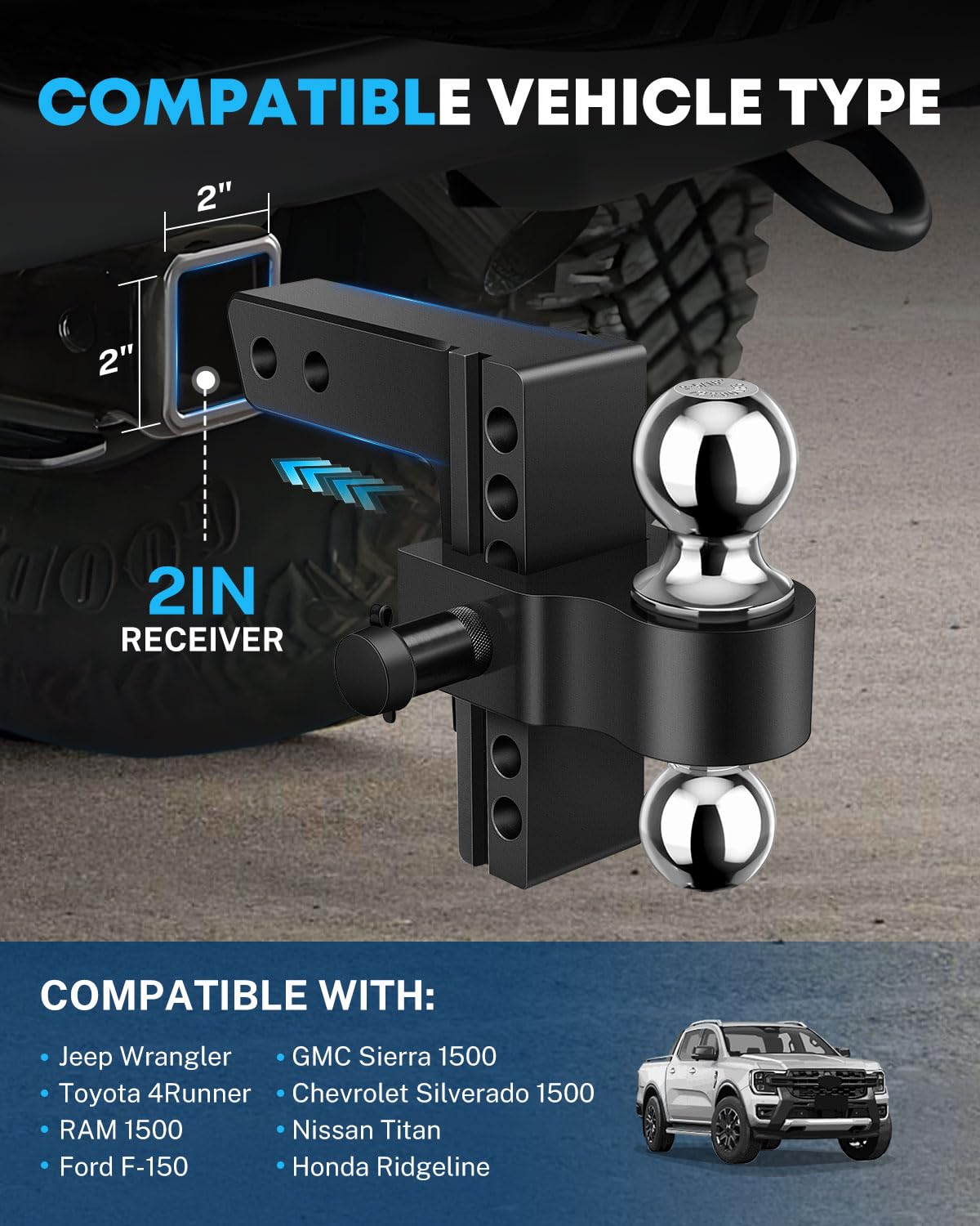 Kohree hitch installed on truck receiver demonstrating secure fit and leveling
