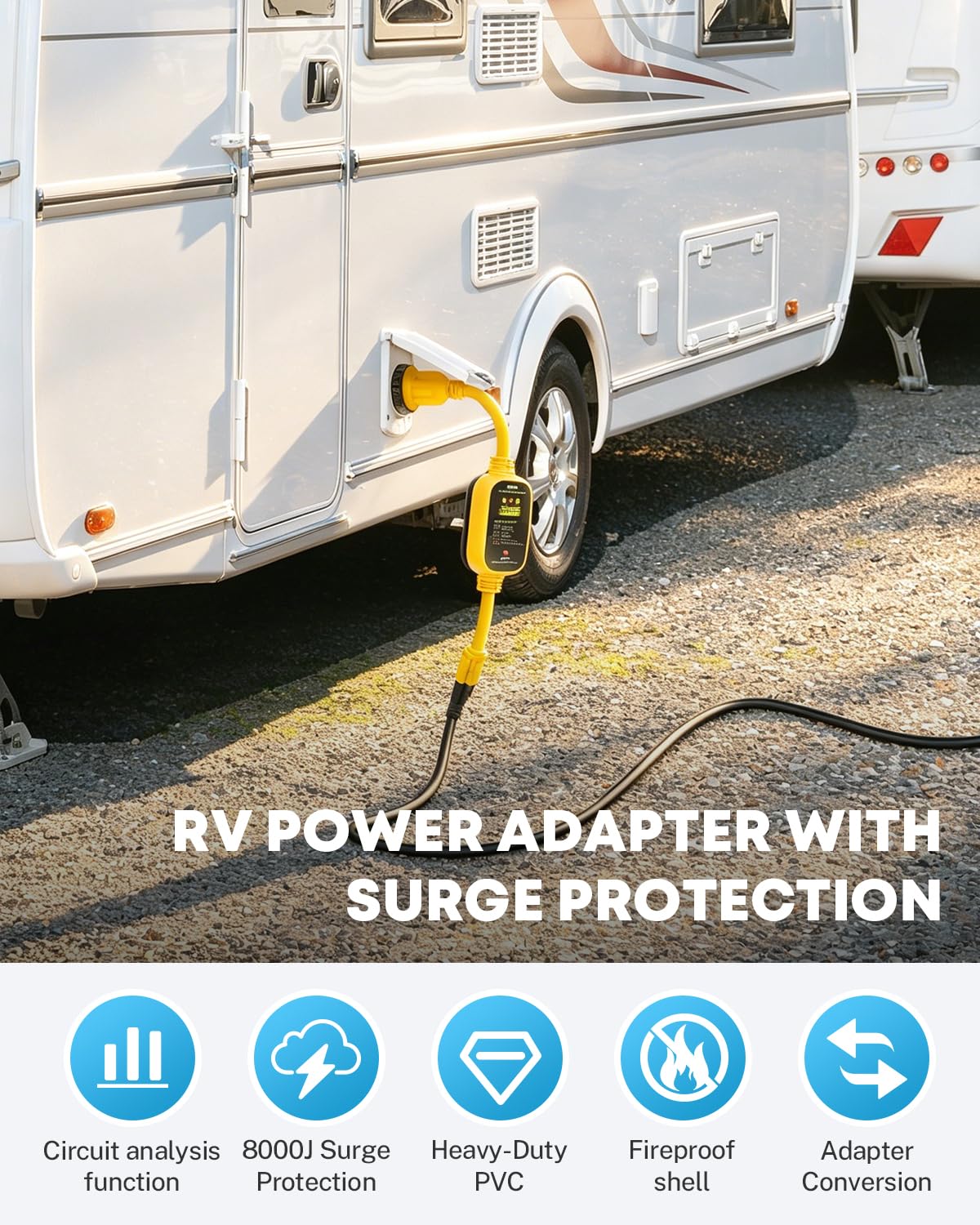 Kohree adapter plugged into a household outlet powering an RV refrigerator with safe transfer
