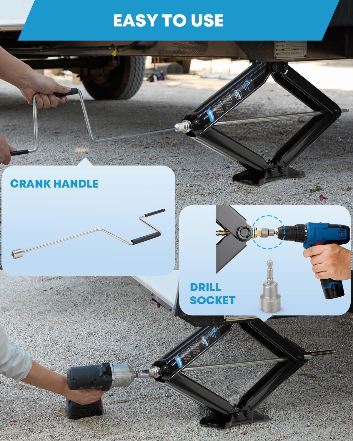 Kohree stabilizer jacks placed under RV showing steady support benefit