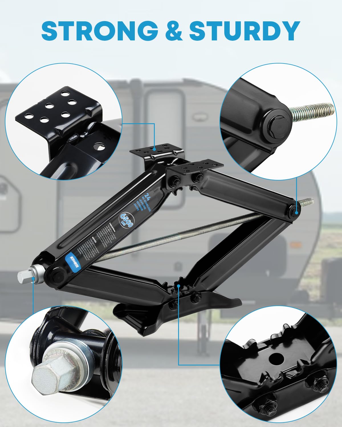 Kohree scissor jack installed under an RV demonstrating steady support and reduced sway