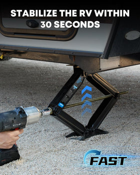 Kohree jack fully extended on campsite stabilizing a trailer for steady leveling