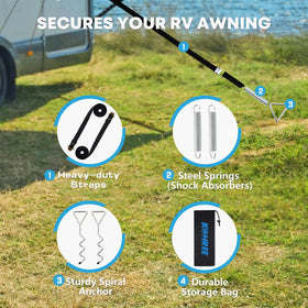 Kohree kit components laid out showing included straps, stakes, hooks, bag