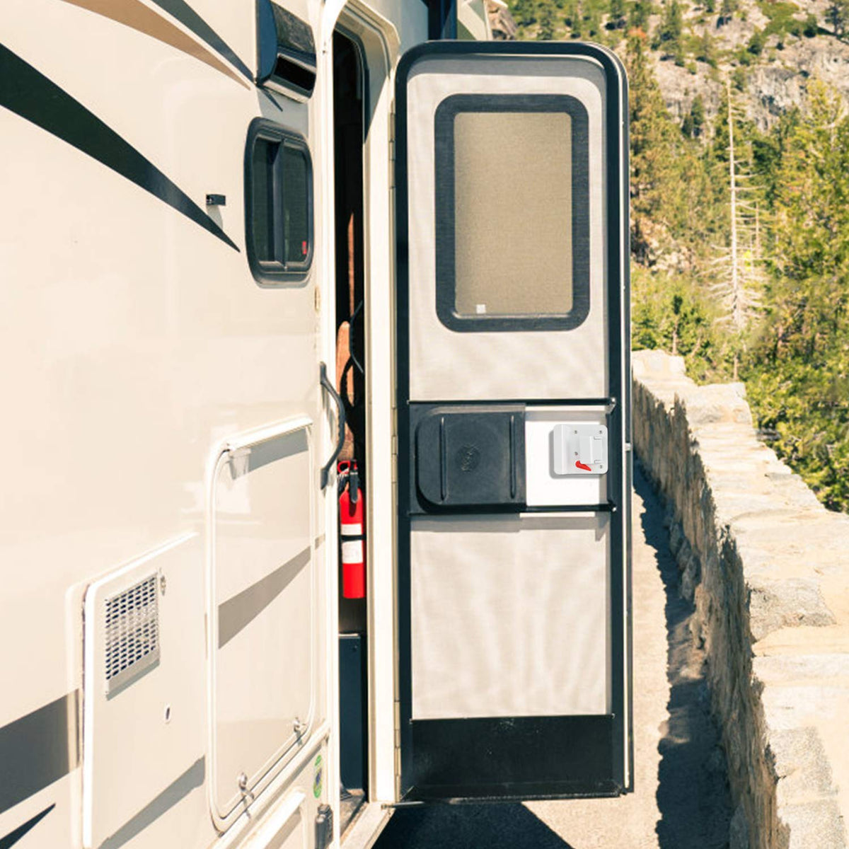 Kohree on camper door in travel setting showing practical application