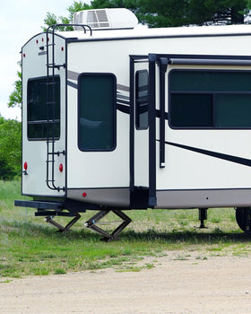 Kohree jacks installed at campsite offering safer, wobble-free leveling