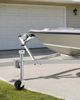 Kohree trailer jack at campsite showing easy hitching and fast setup with drill