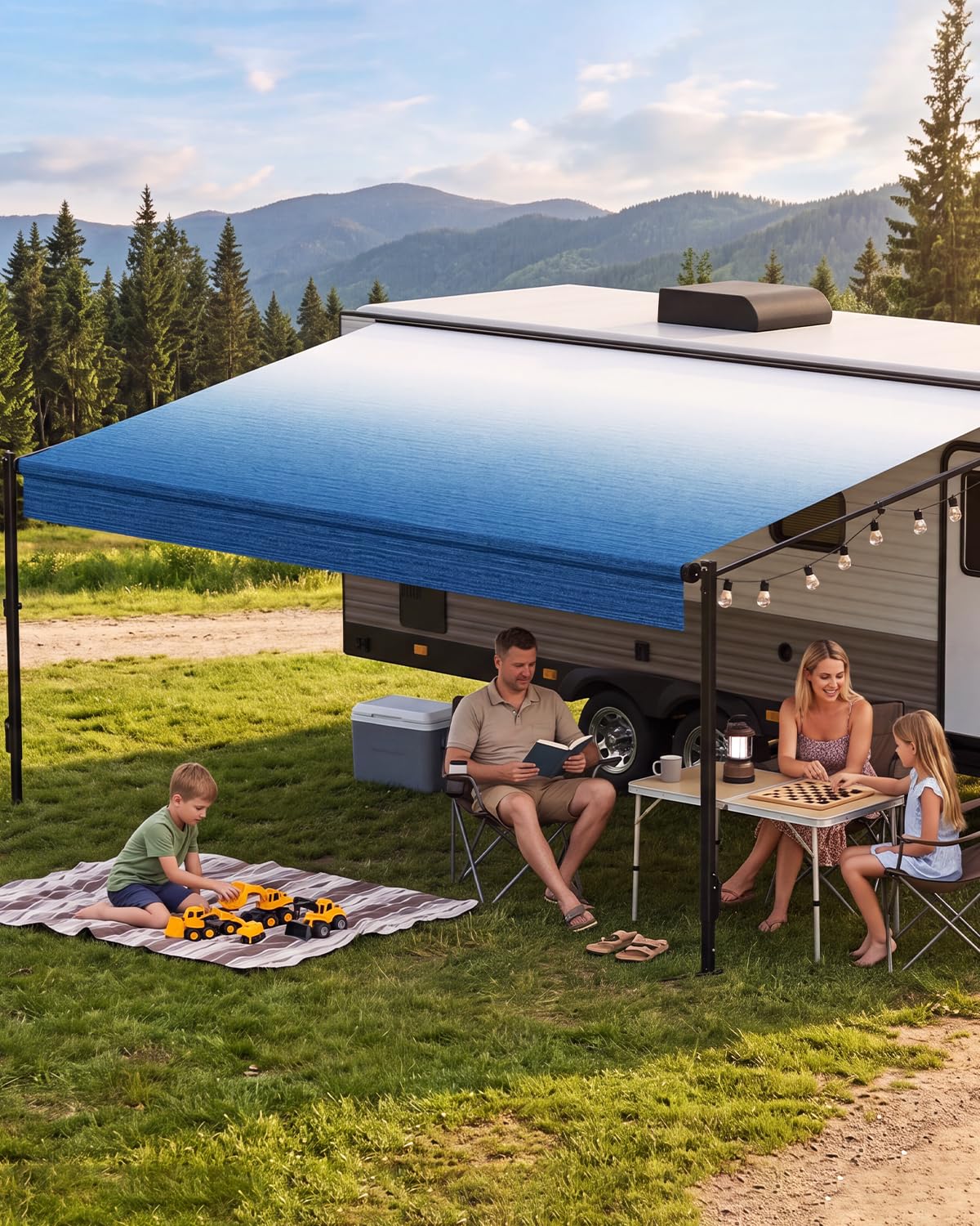 Kohree RV with awning deployed at campsite showing shade and outdoor comfort benefit