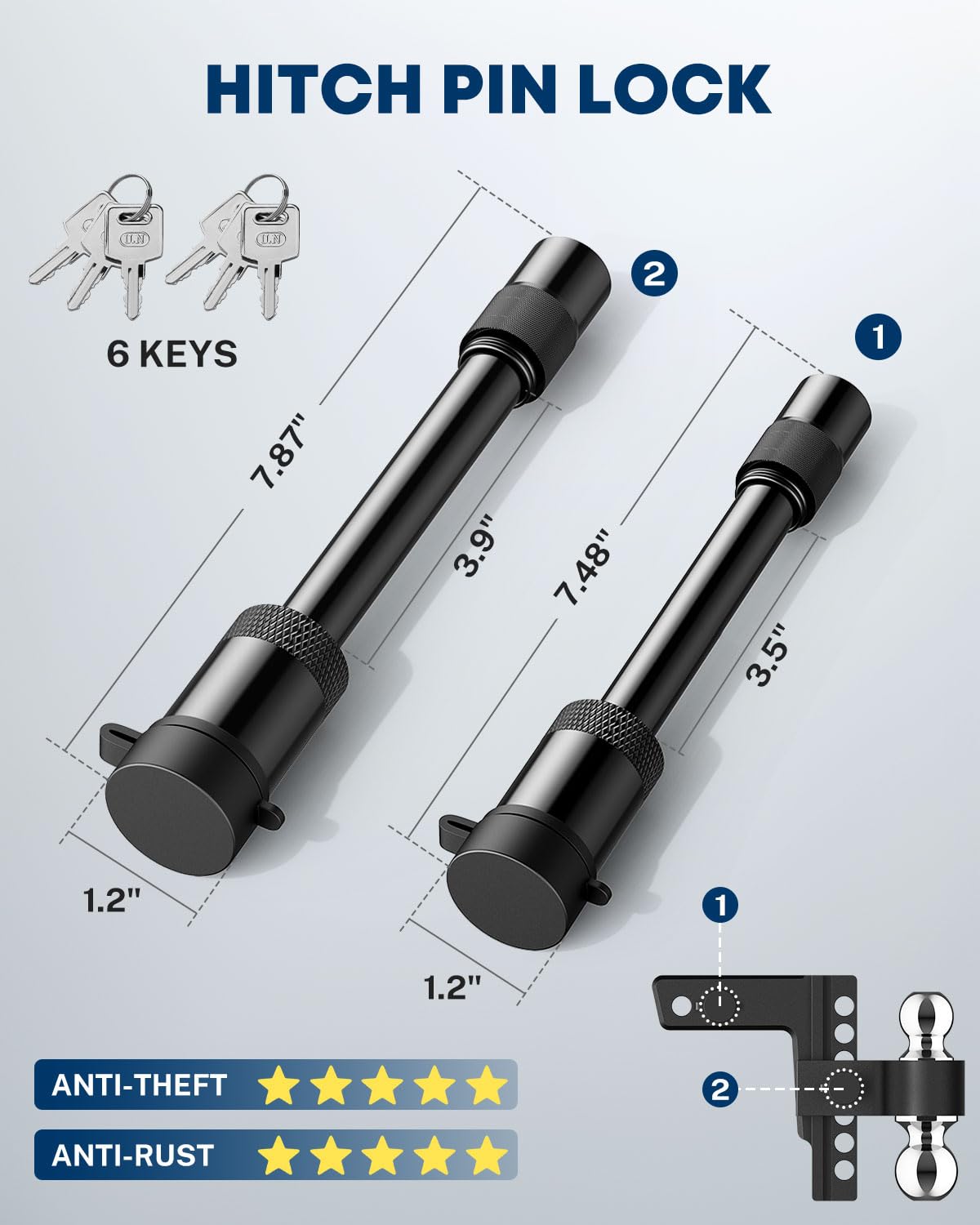 Kohree stainless steel hitch-pin locks with keys for theft deterrence