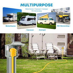 Kohree plug connected at campsite power pedestal demonstrating dependable power