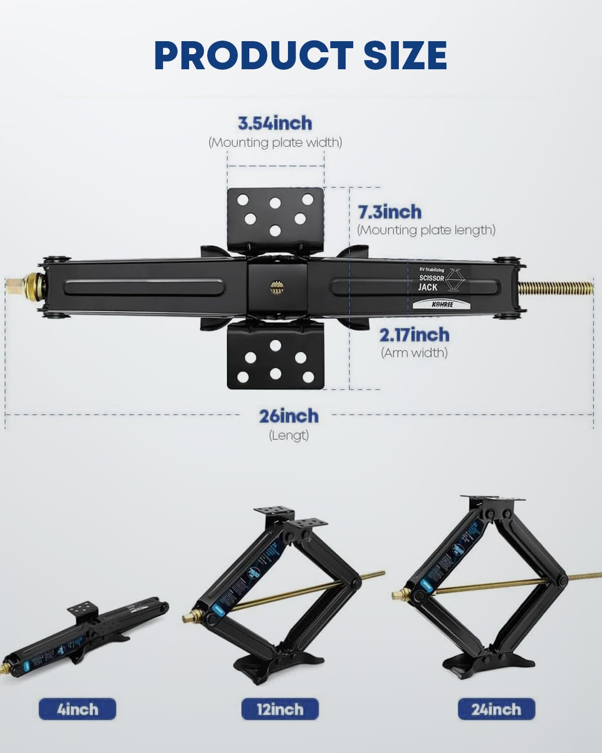 Kohree retracted jack illustrating compact 4" height for convenient storage