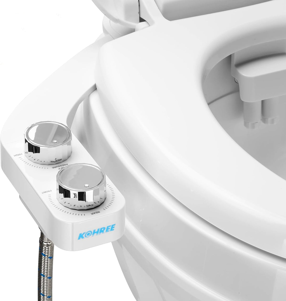 Kohree front view of bidet attachment showing compact design and space saving
