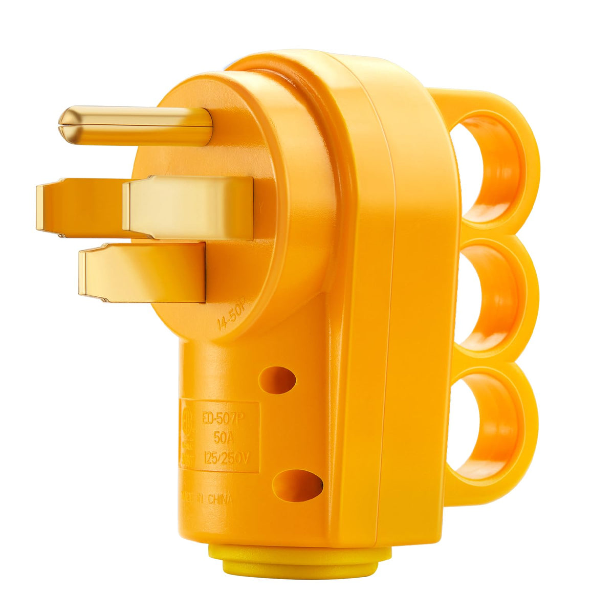 Kohree 50 Amp RV plug front view showing robust housing and NEMA 14-50P fit for durability