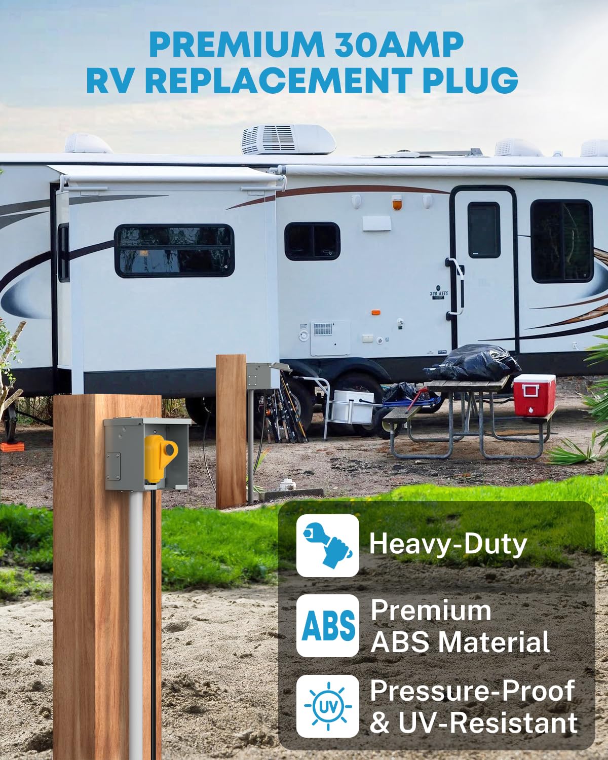 Kohree plugs connected at campsite showing reliable shore power hookup