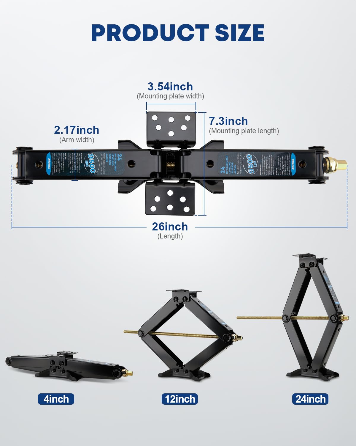 Kohree jack next to ruler showing compact retracted length for storage