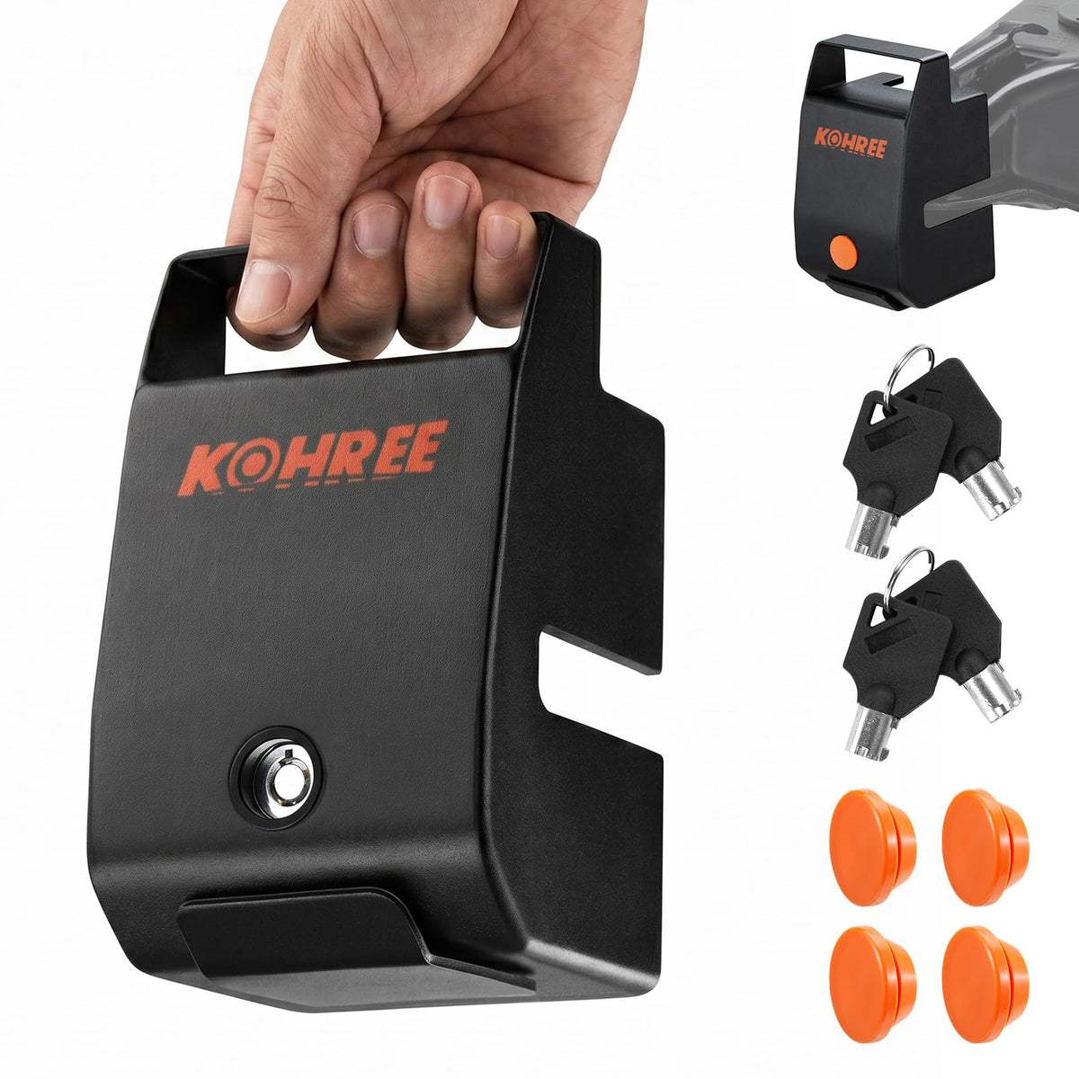 Kohree trailer lock front view showing secure fit and visual deterrent benefit