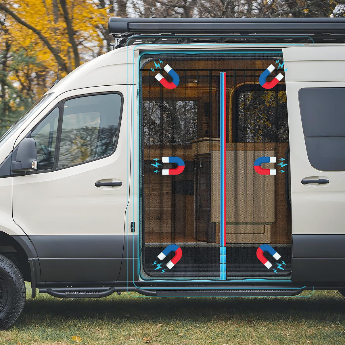 Kohree front view of full magnetic van bug screen showing secure seal and airflow