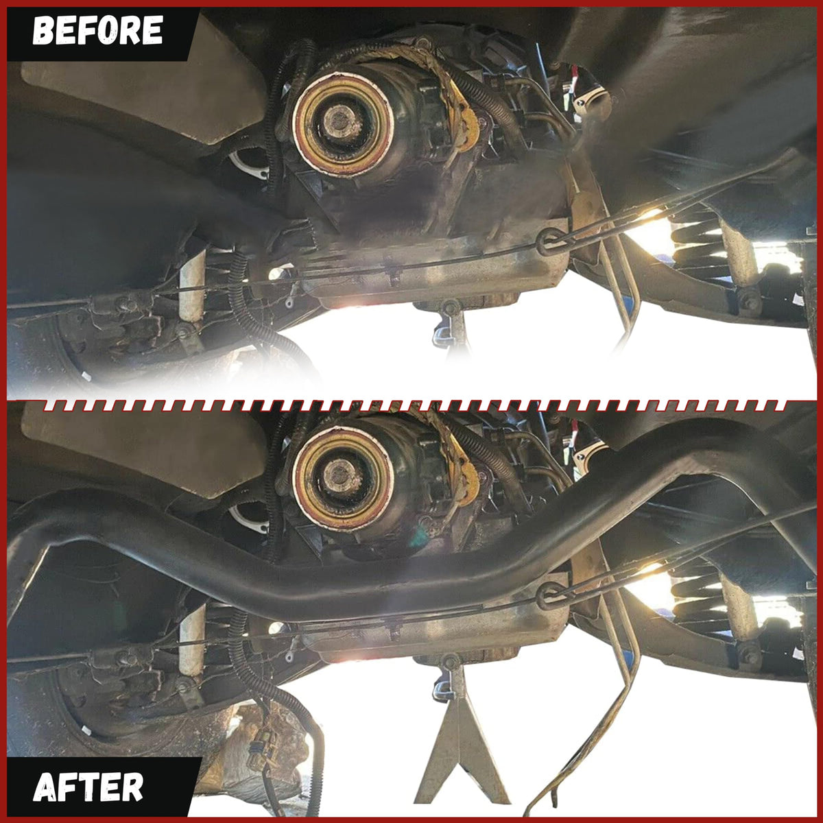 Kojem crossmember clearing long-tube headers showing exhaust clearance advantage