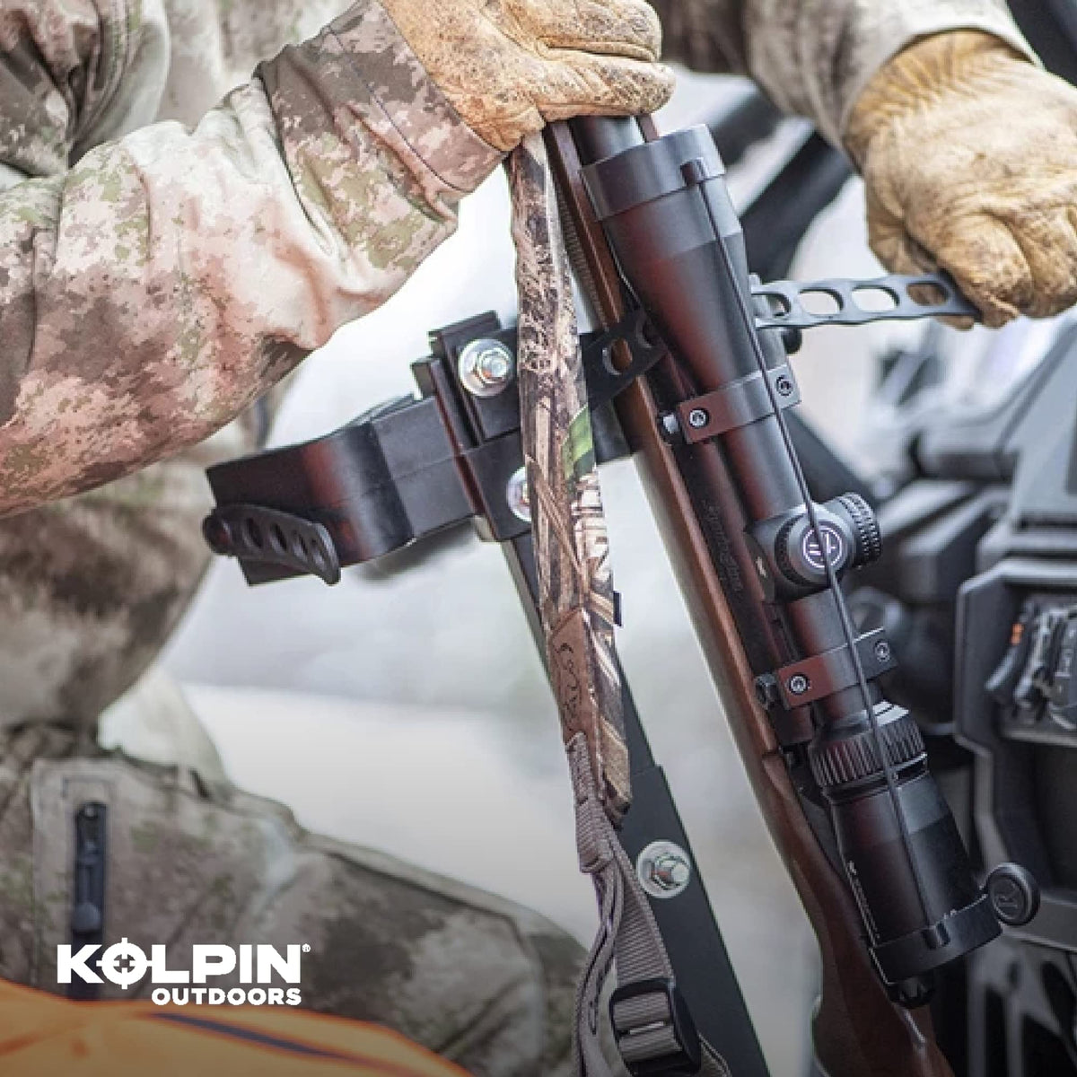 Kolpin UTV gun rack angled tilt demonstration providing ergonomic access
