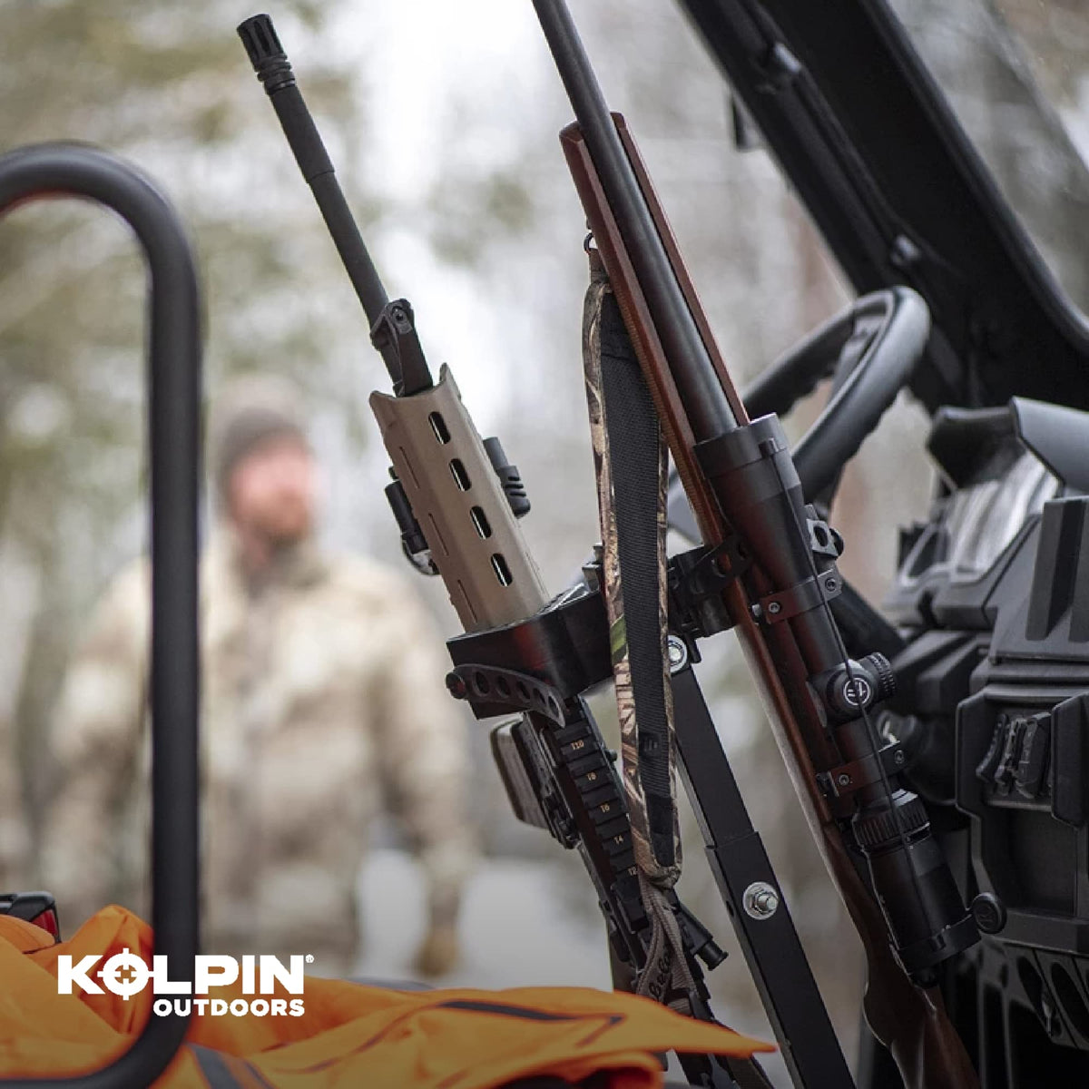 Kolpin UTV gun rack showing height adjustment range for correct stock fit