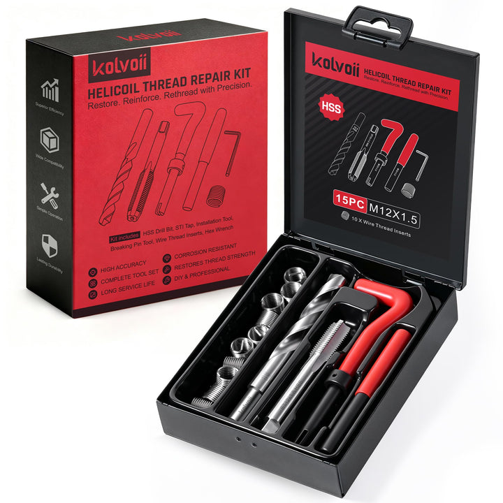 Kolvoii front packaging showing kit contents and M12x1.5 label for quick identification