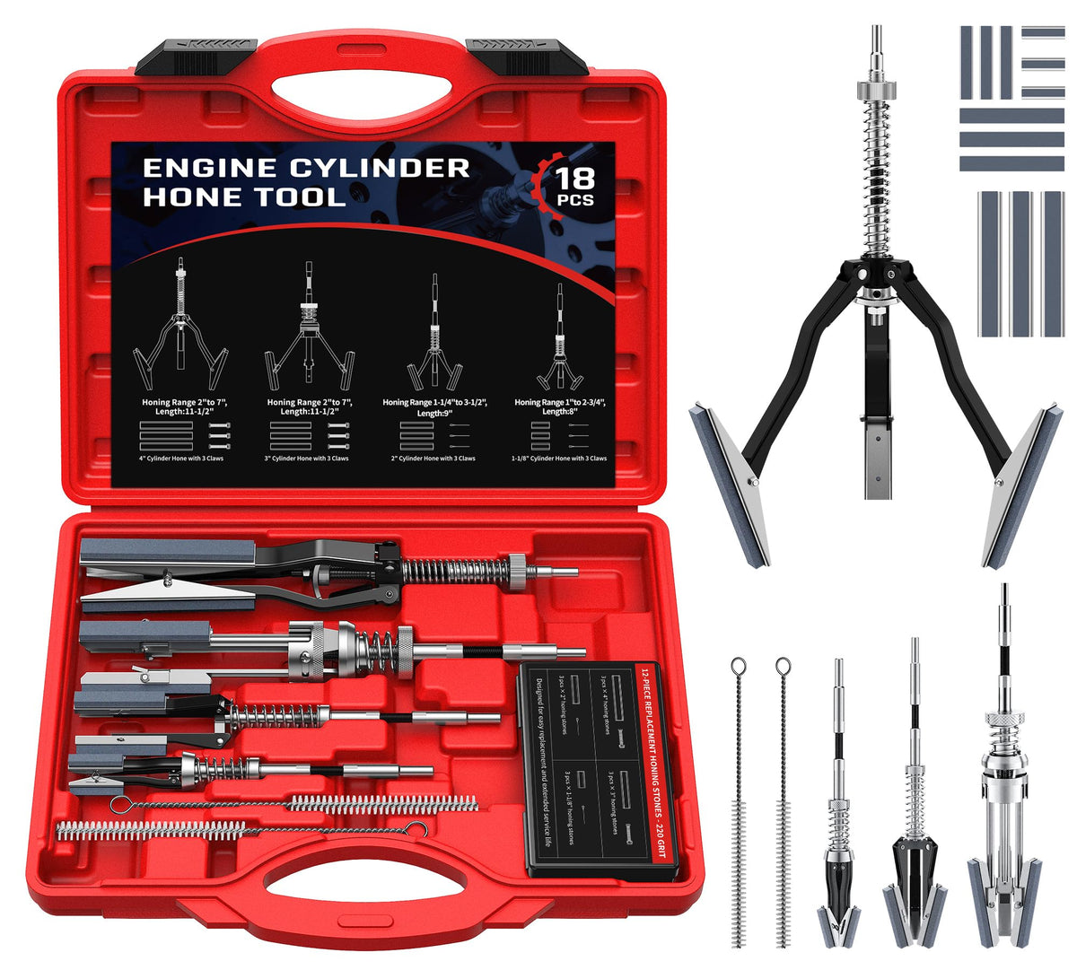 Kolvoii front view of full hone set showing tools and case, durable kit ready-to-use