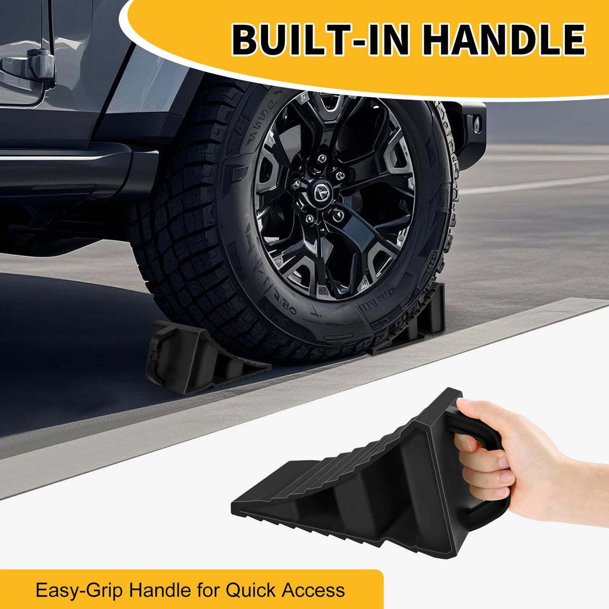Komokeru chock positioned against RV tire demonstrating stability