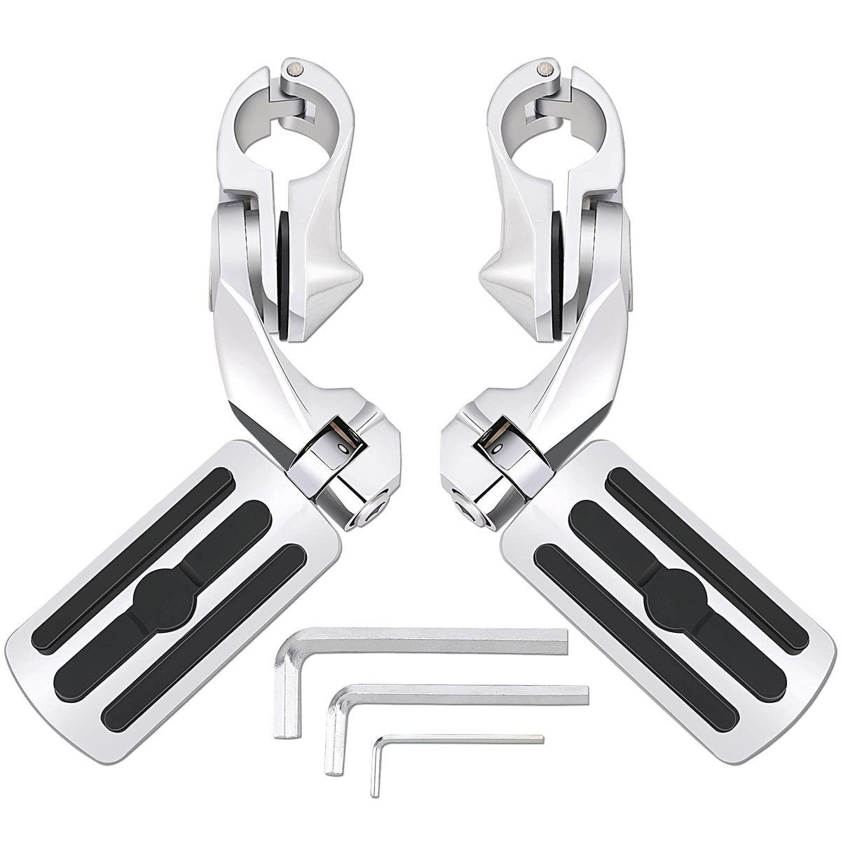 Konduone front view highway pegs showing chrome finish and clamp benefit