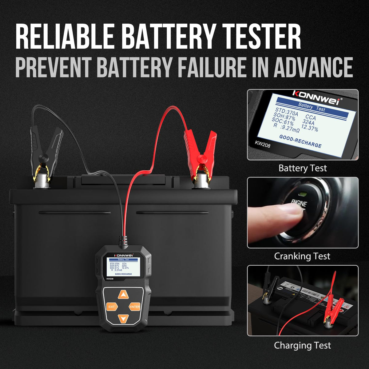 KONNWEI KW208 connected to a car battery demonstrating in-vehicle test