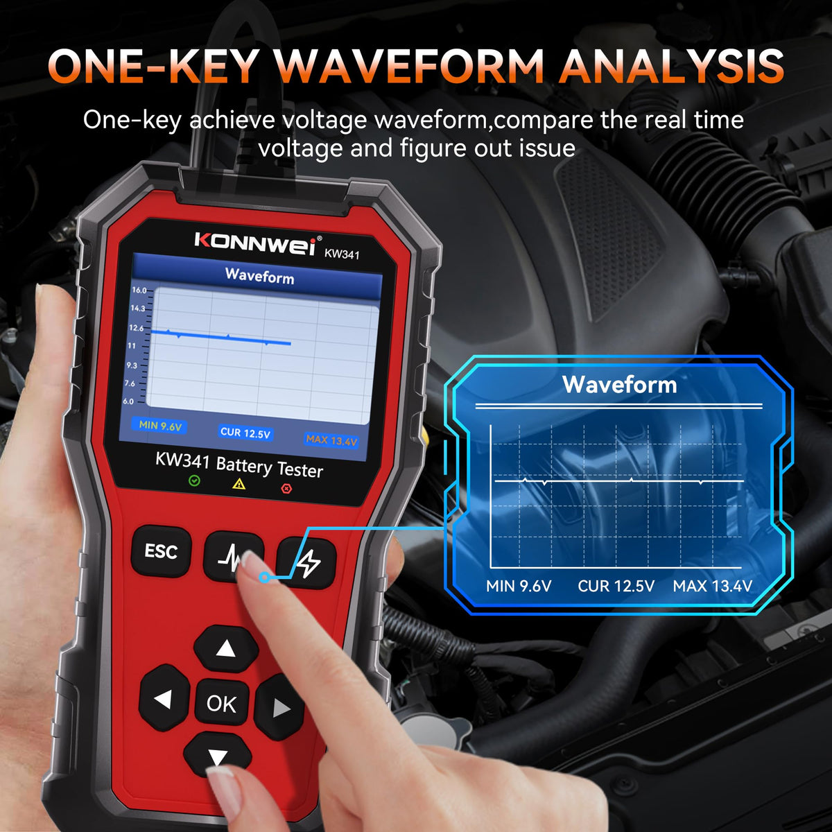 KONNWEI KW341 menu showing battery standards for accurate CCA comparison