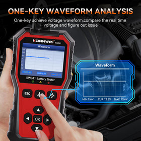 KONNWEI KW341 menu showing battery standards for accurate CCA comparison