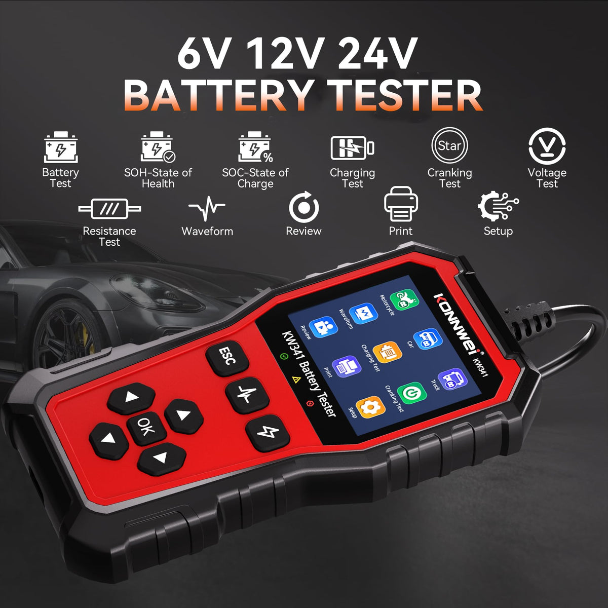KONNWEI KW341 cranking test result screen helping identify starter issues