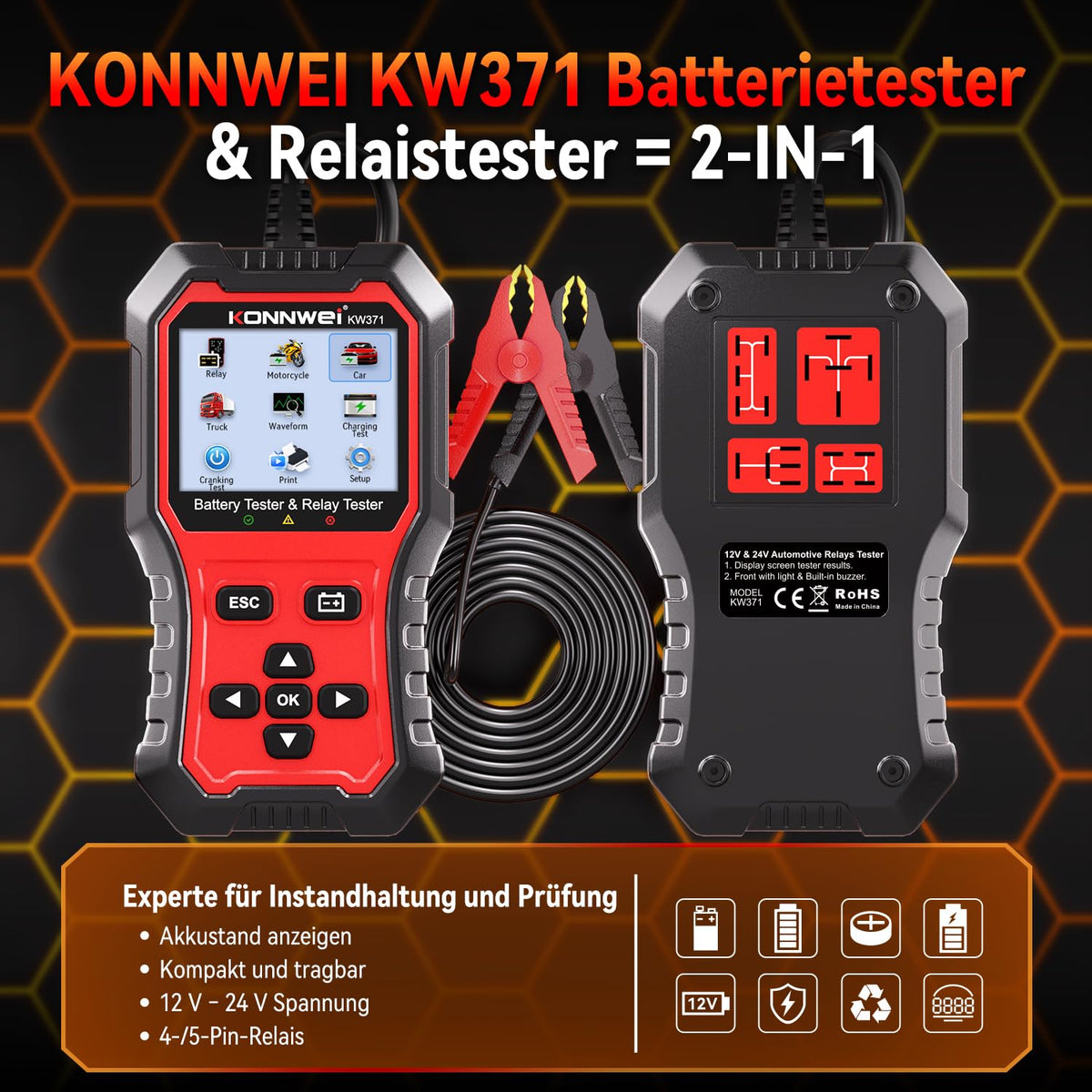 KONNWEI KW371 alligator clips and cables connected for safe battery hookup
