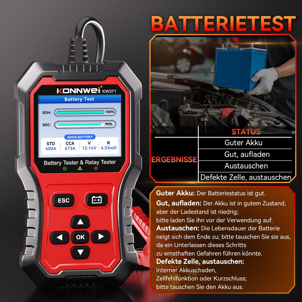 KONNWEI KW371 attached to a car battery in garage for quick on-vehicle testing