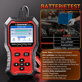 KONNWEI KW371 attached to a car battery in garage for quick on-vehicle testing