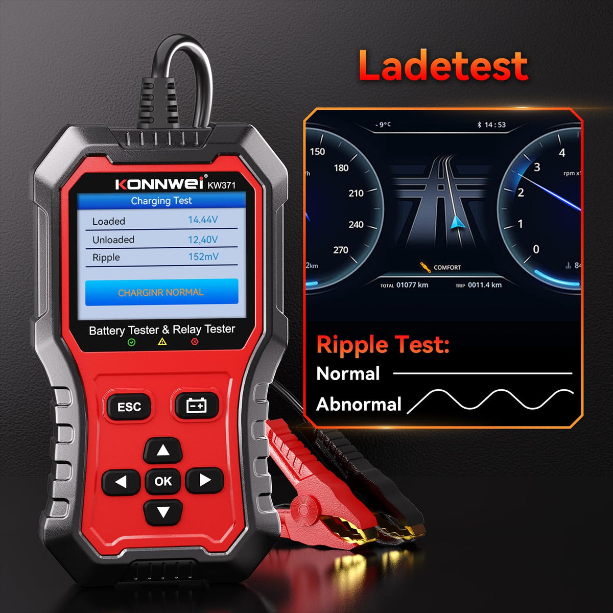 KONNWEI KW371 handheld beside a ruler illustrating compact portable size