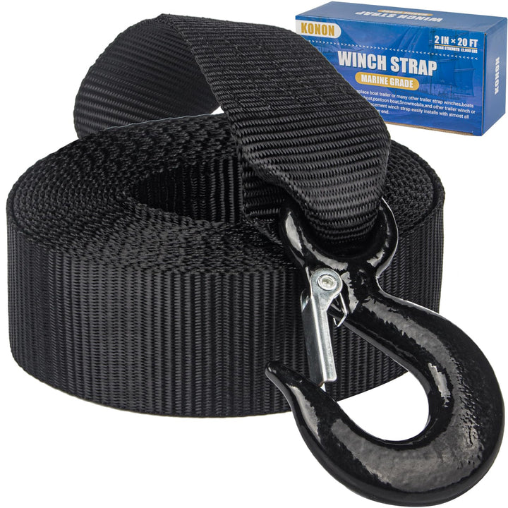 KONON front view of winch strap showing compact packaging and clear specs for durability
