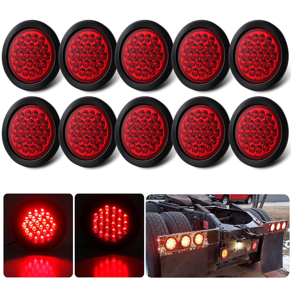 Konrali front view of 4-inch round red LED tail light showing lens and mounting