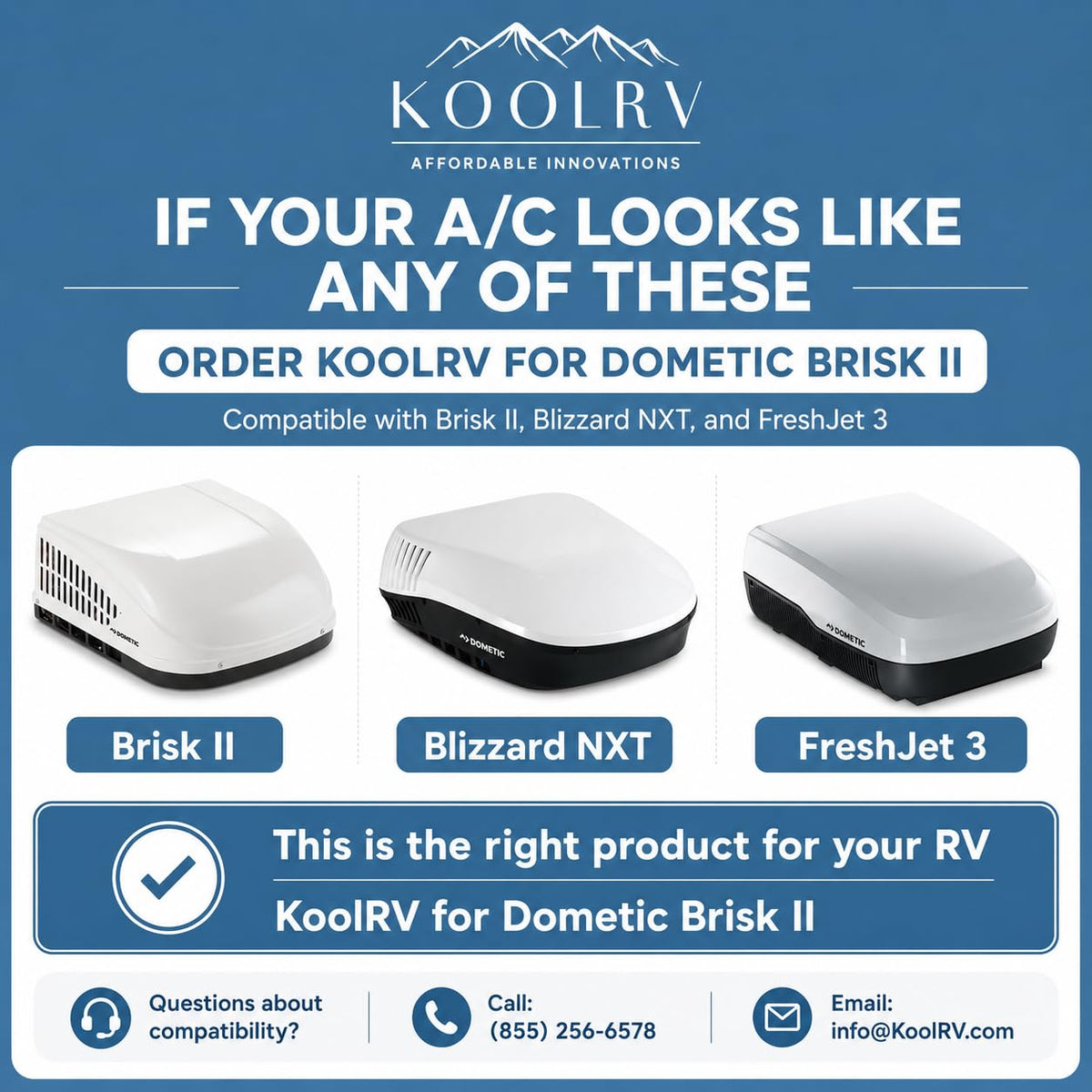 KoolRV label and compatibility sticker clarifying fit for Blizzard NXT and FreshJet 3