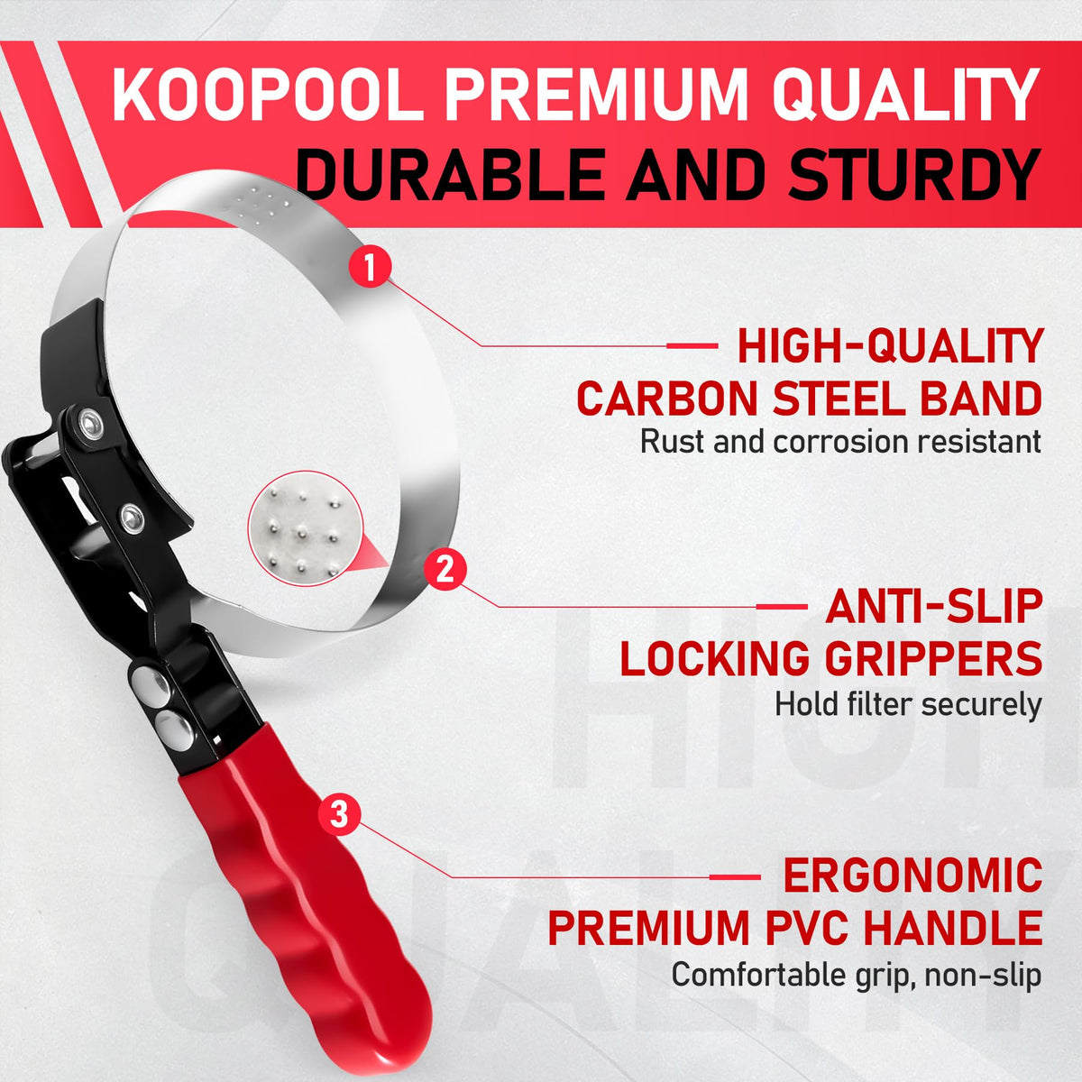 KOOPOOL three-jaw tool detail demonstrating strong hold on canister-style filters
