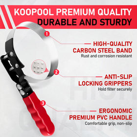 KOOPOOL three-jaw tool detail demonstrating strong hold on canister-style filters
