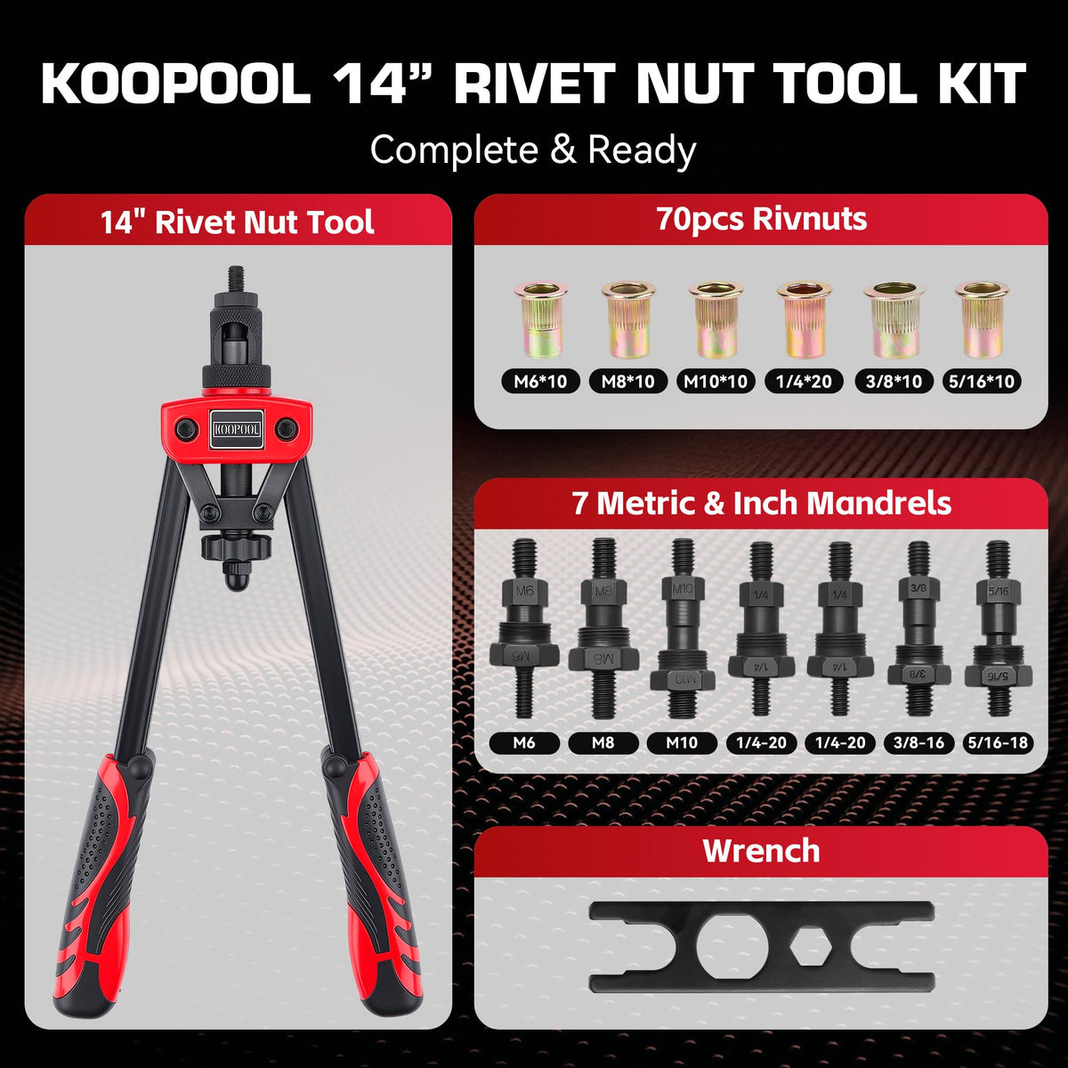 KOOPOOL blow-molded case open with organized mandrels and rivet nuts for quick access