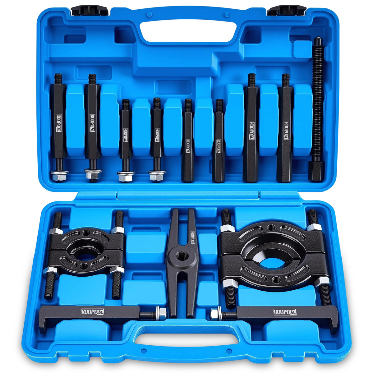 KOOPOOL front view of open case showing organized 14-piece set and quick access