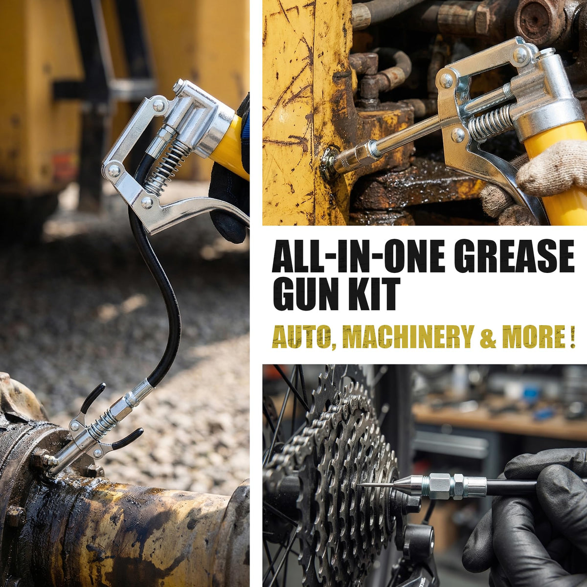 KOOPOOL grease gun in use on a car chassis showing easy one-handed operation