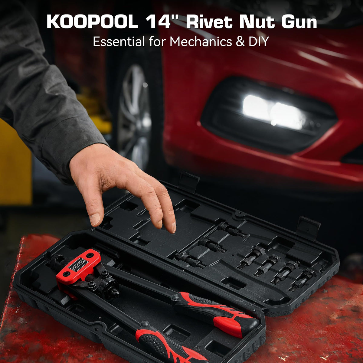 KOOPOOL kit on a workbench with hand tools showing readiness for garage and DIY projects