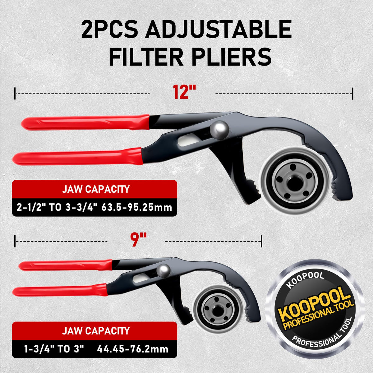 KOOPOOL 9" and 12" pliers side-by-side illustrating extra reach and leverage