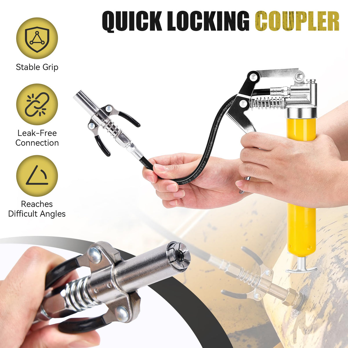 KOOPOOL rigid pipe attached to grease gun for direct, controlled nozzle access