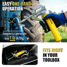 KOOPOOL size comparison with hand to show compact, portable grease gun scale