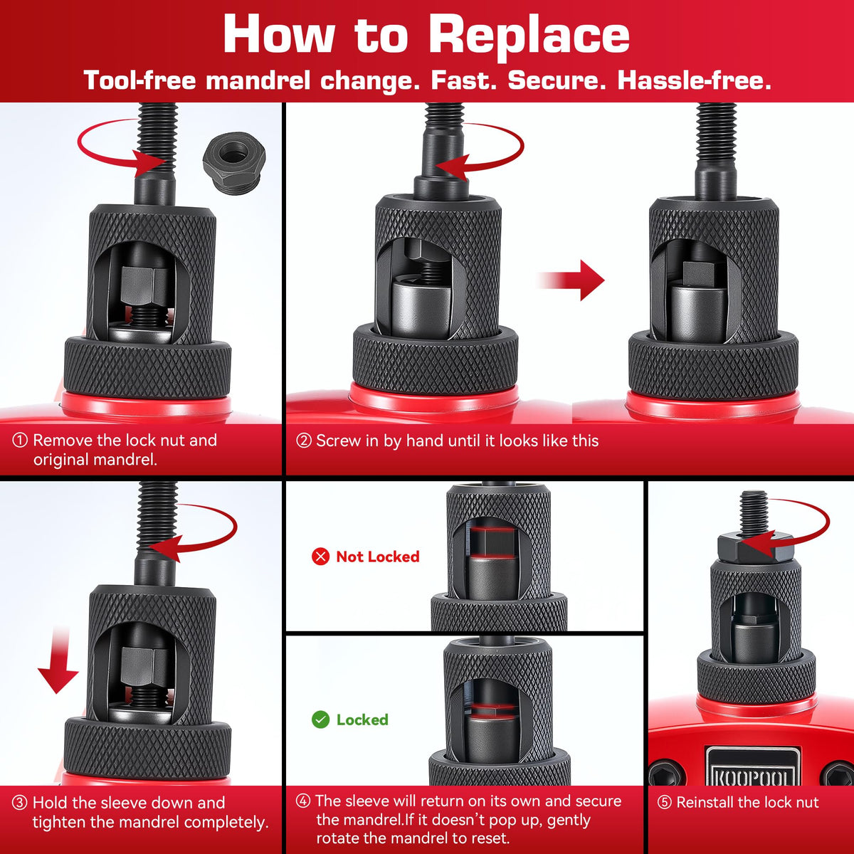 KOOPOOL sleeve during quick-swap action highlighting fast mandrel changes to save time