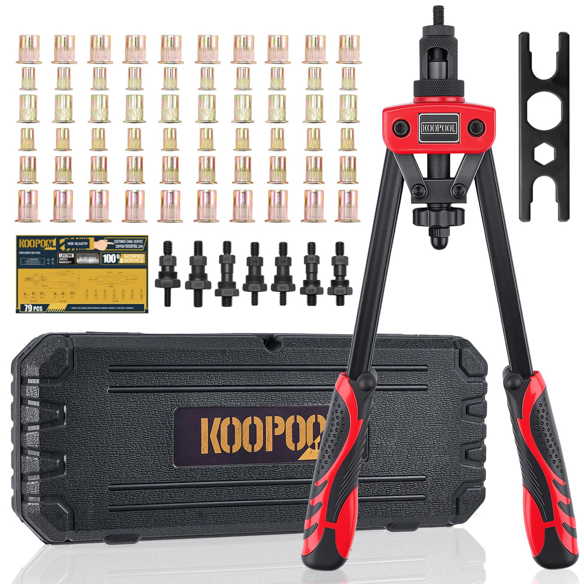 KOOPOOL front view of 14-inch rivet nut tool showing ergonomic handle and jaws for improved control