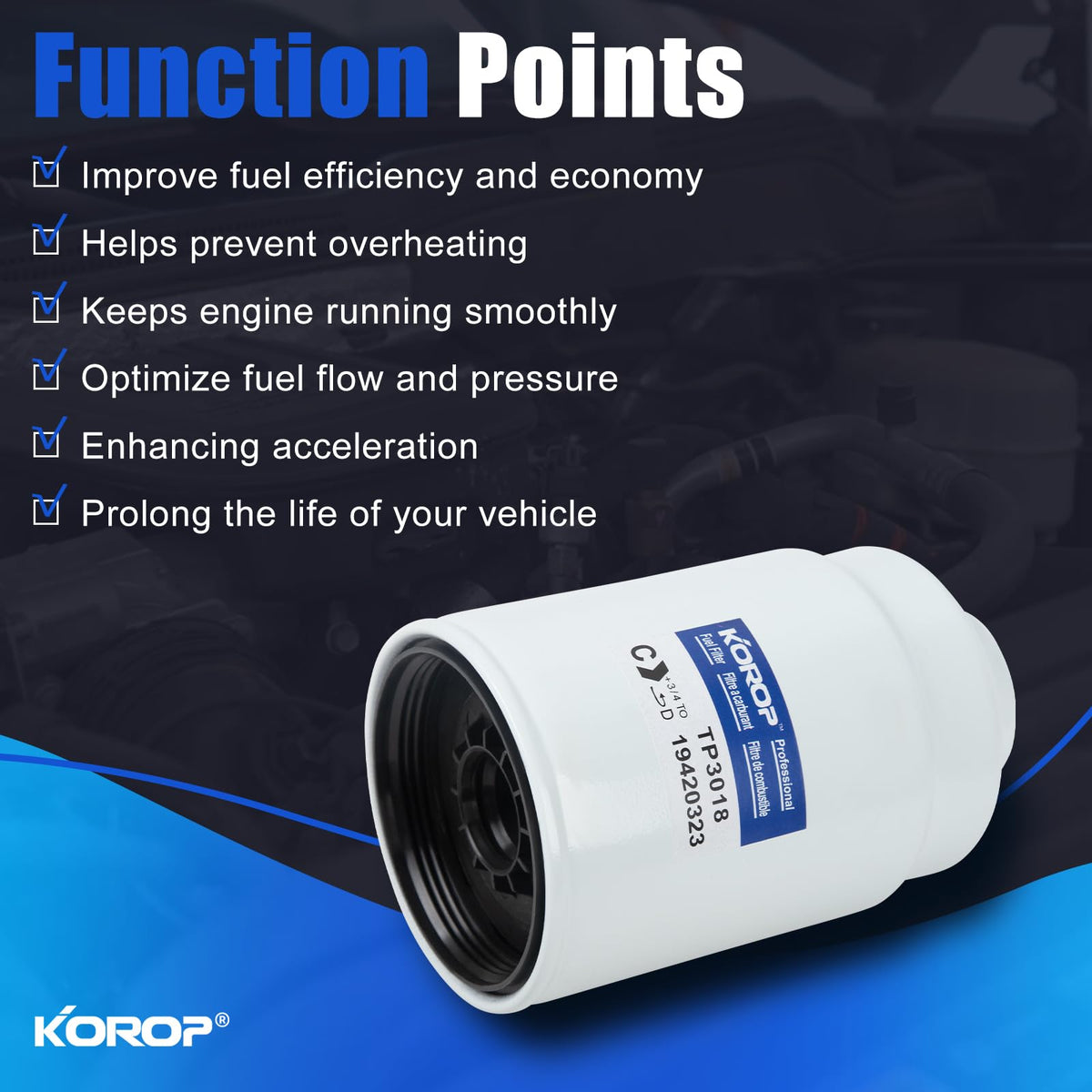 KOROP fuel filter installed under hood of Chevy Silverado for reliable protection